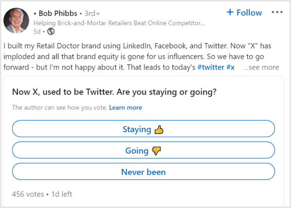 Bob phibbs shared a Linkedin post to keep his audience angaged by asking them questions.