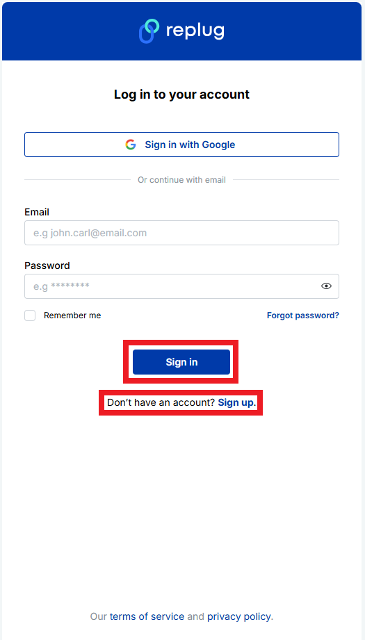 Sign in or sign up on Replug