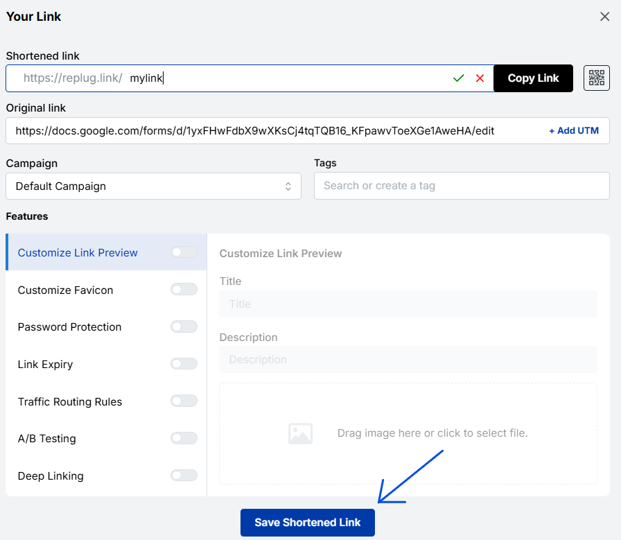 Save shortened google form link - replug.io
