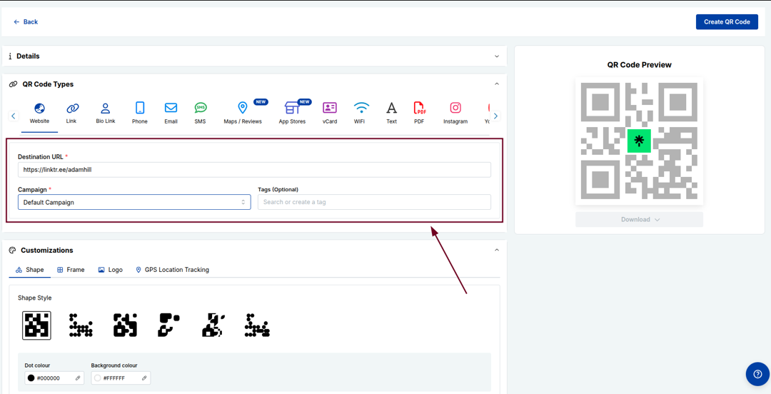 Enter details to create a QR code in Replug