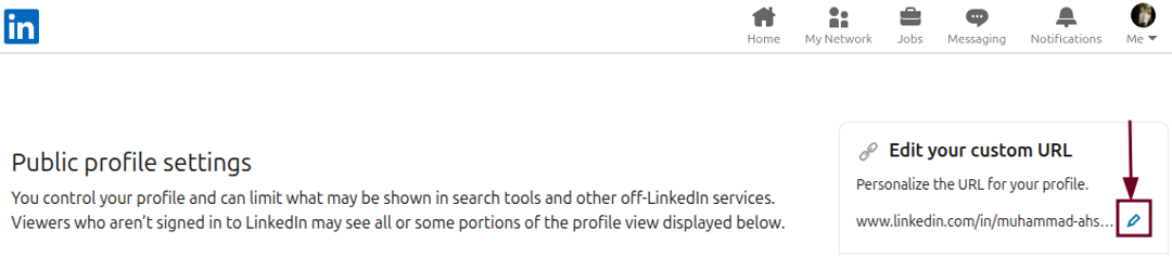 Edit your custom URL (pencil) icon in LinkedIn web app