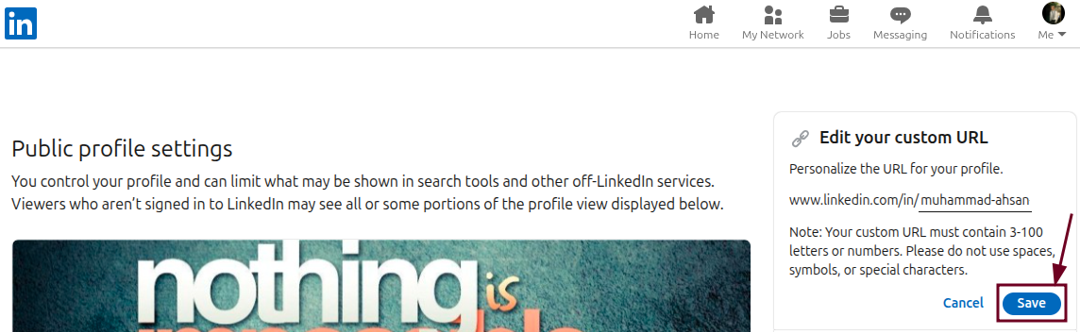 Save the custom URL in LinkedIn web app
