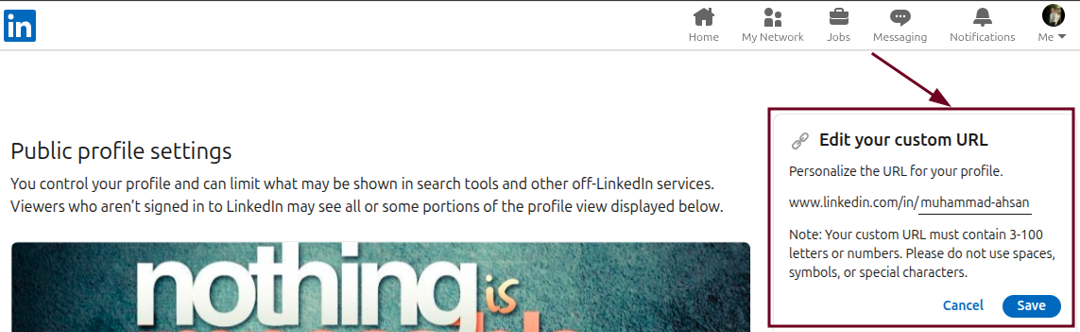 Type the new desired URL in LinkedIn web app