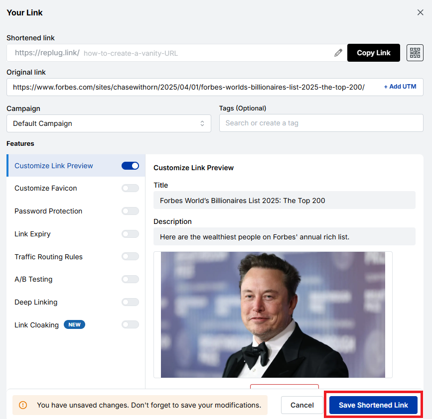 Save shortened link option - Replug