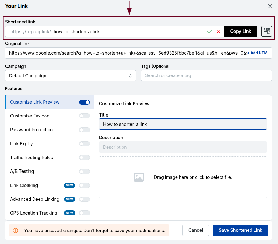 Customize the generated link slug with Replug