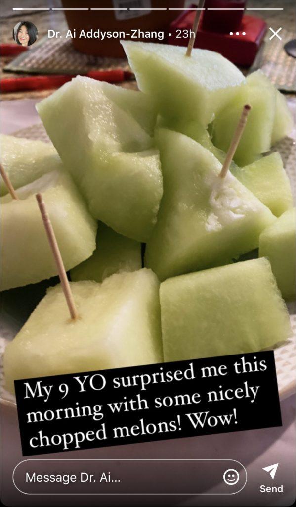 a 9 y-o surprising his doctor mummy with a plate of nicely chopped melons