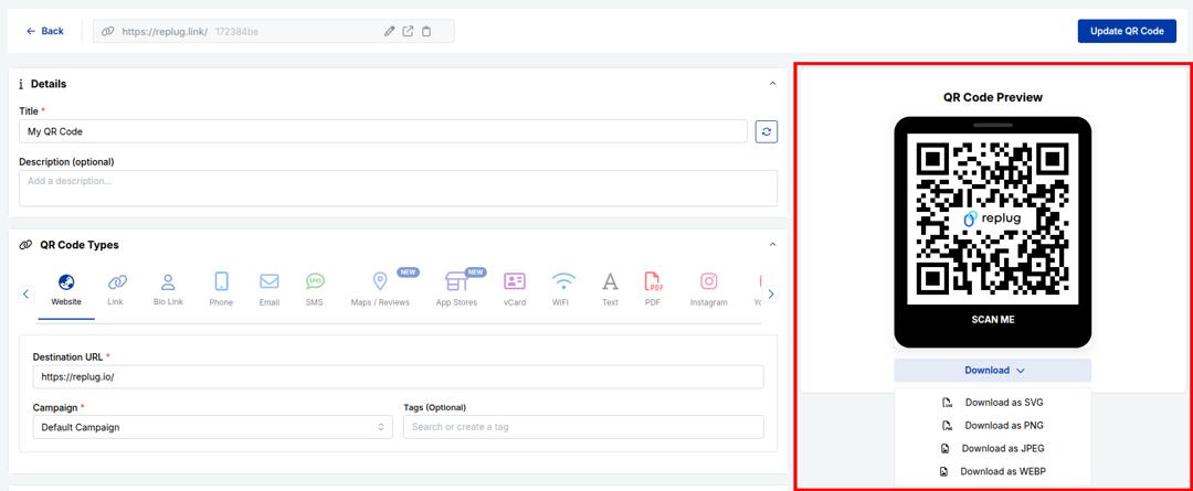 Download QR Code in desired format