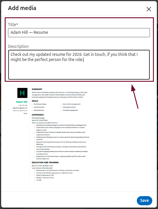 Add details under Add media section on LinkedIn