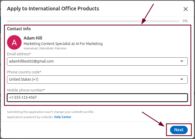 Fill in the requested information on LinkedIn