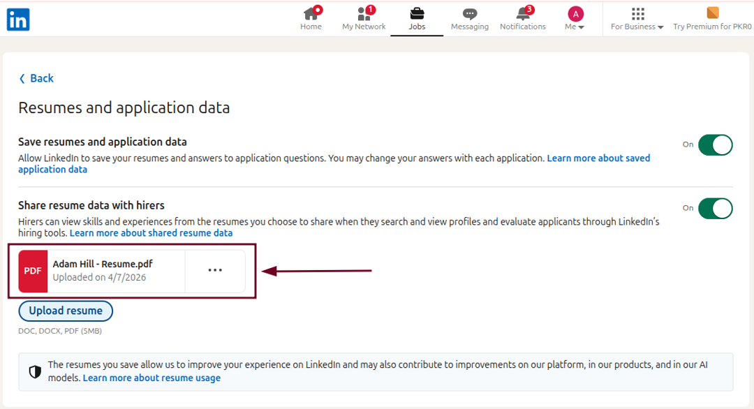 PDF resume uploaded under Resumes and application data in LinkedIn