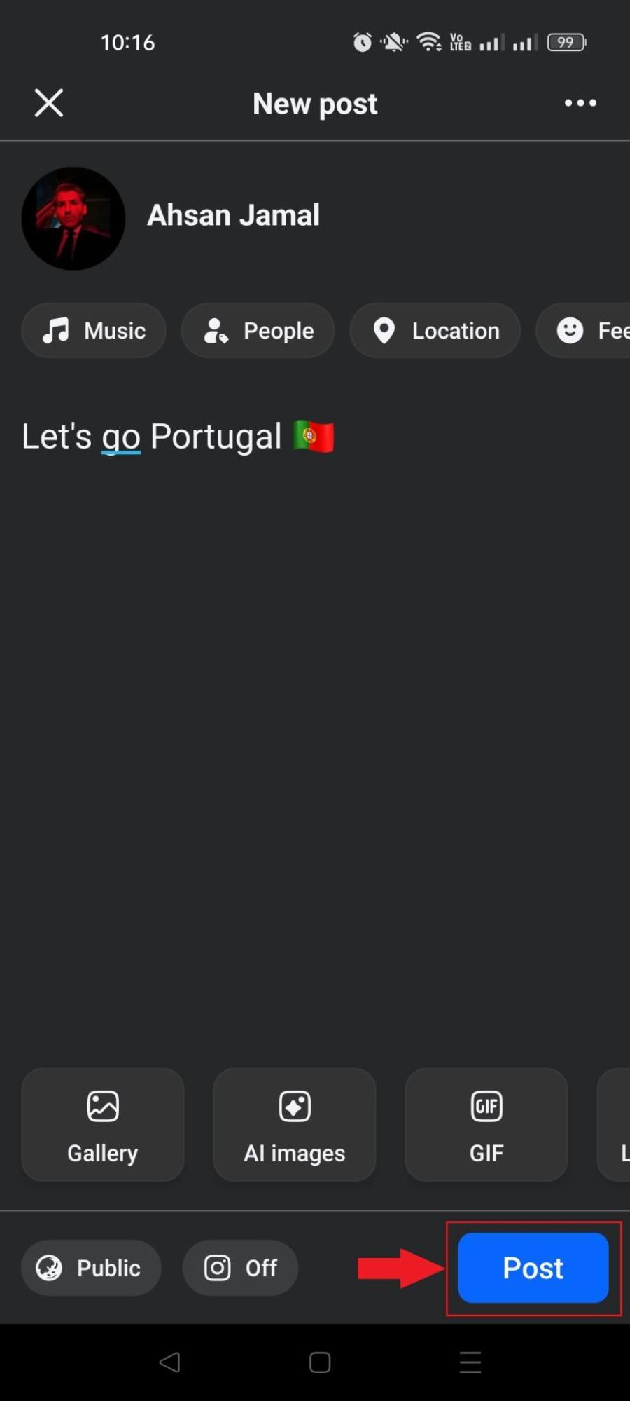 Post button inside the Facebook app