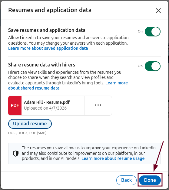 Resume uploaded Done button on LinkedIn