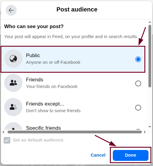 Set post audience to Public in Facebook web app