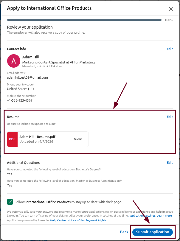 Submit application button in LinkedIn