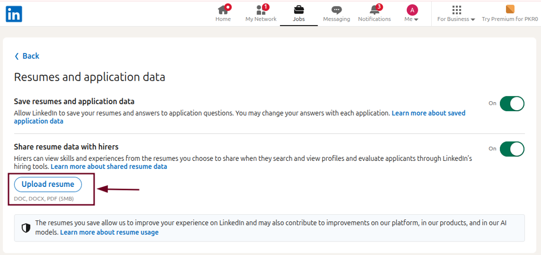 Upload resume button under Resumes and application data in LinkedIn