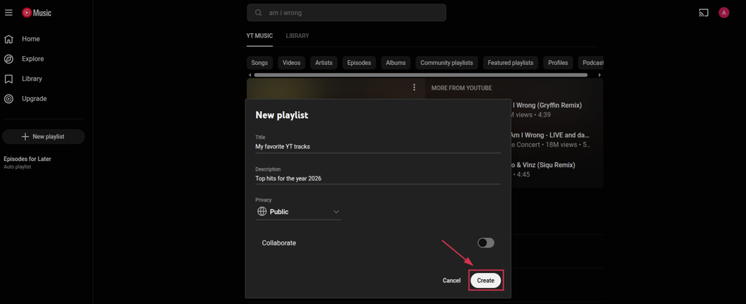 Create a new playlist button inside the YouTube Music web app