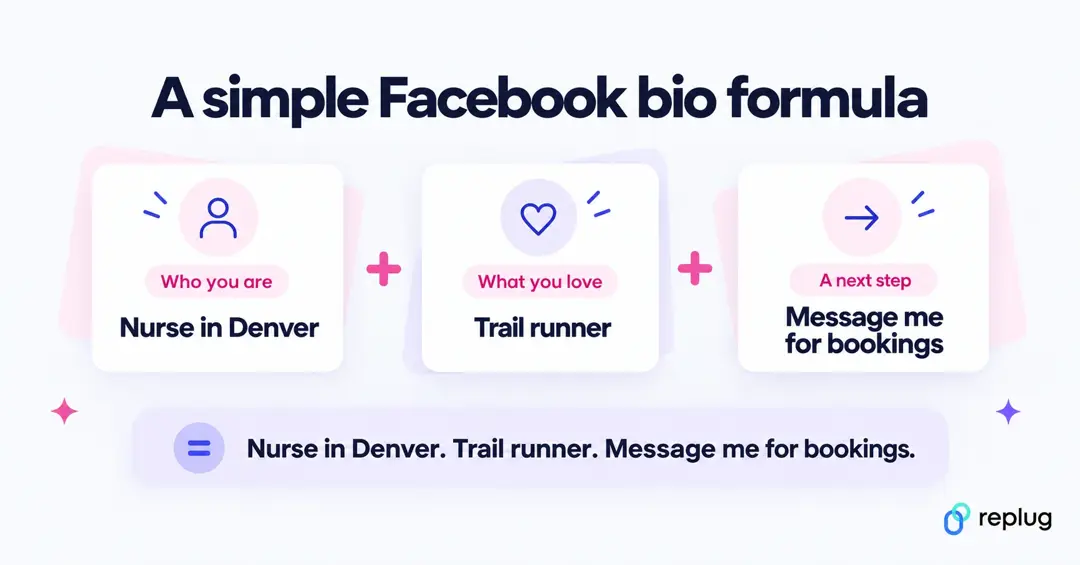 A simple Facebook bio formula: who you are, plus what you love, plus a next step, for example Nurse in Denver. Trail runner. Message me for bookings.