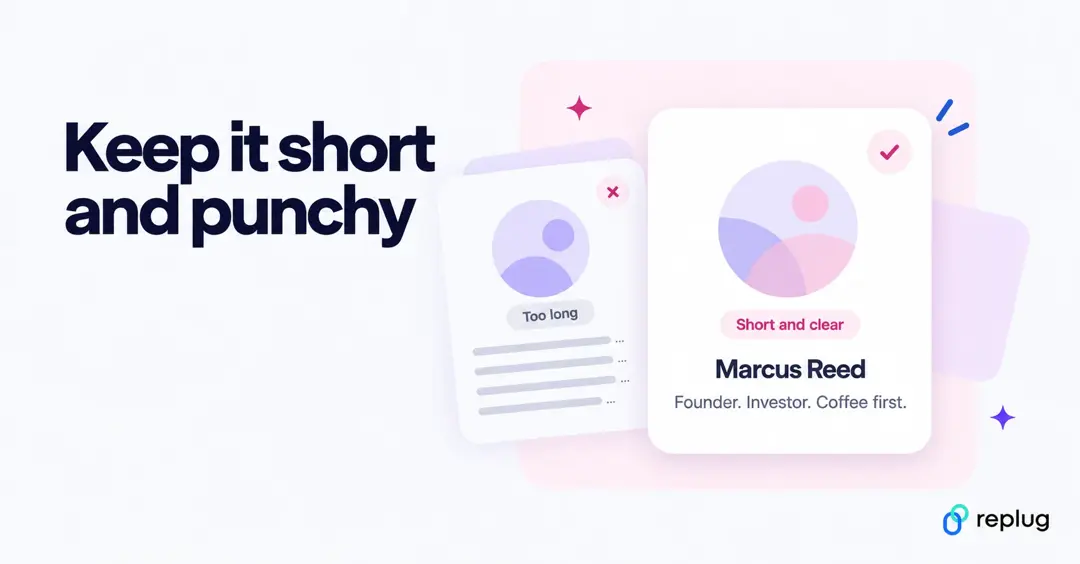 Keep your Facebook bio short and punchy: a long, cut-off bio next to a short one reading Founder. Investor. Coffee first.