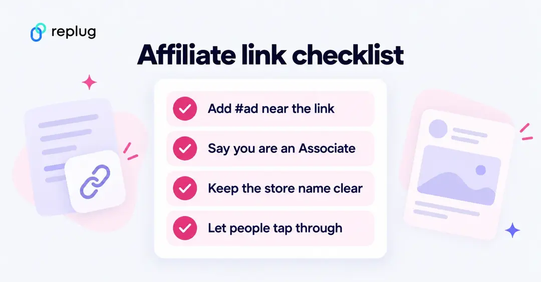 Amazon affiliate link checklist for Instagram: add #ad near the link, say you are an Associate, keep the store name clear, let people tap through