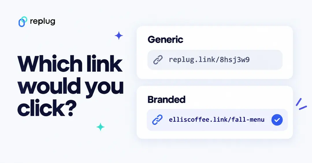 Generic short link replug.link/8hsj3w9 compared with the branded short link elliscoffee.link/fall-menu