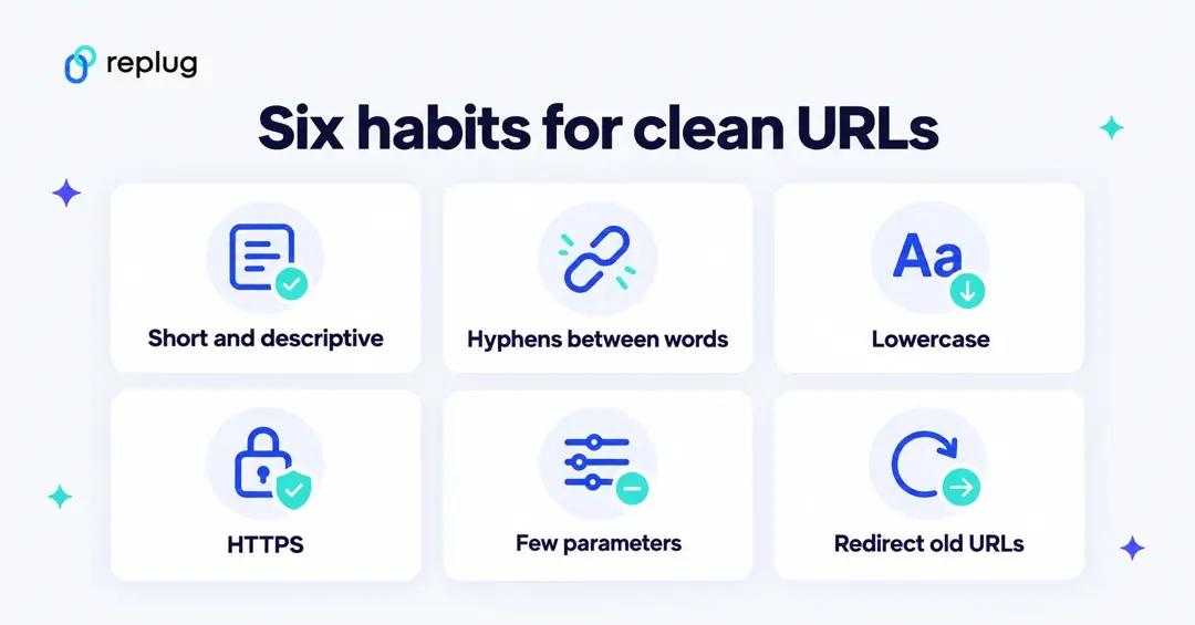 Six habits for clean URLs: short and descriptive, hyphens between words, lowercase, HTTPS, few parameters, redirect old URLs