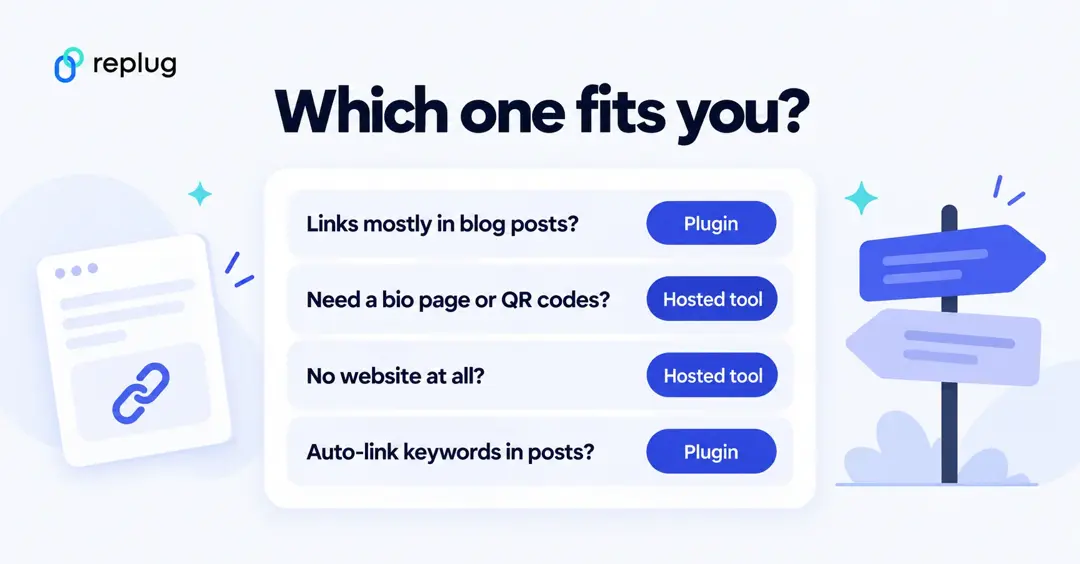 Pretty Links or Replug: plugin for links in blog posts and keyword auto-linking, hosted tool for bio pages, QR codes or no website