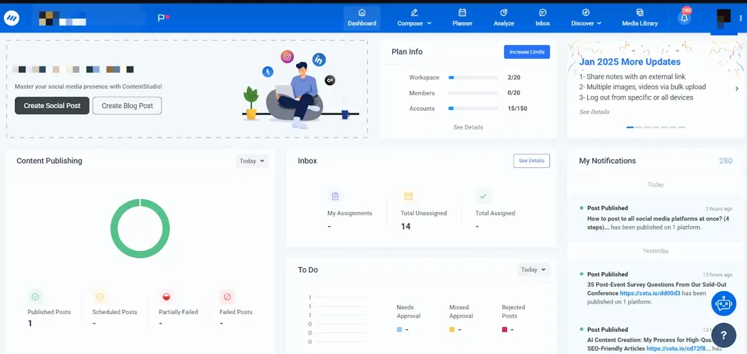 ContentStudio dashboard with content publishing, inbox, to-do and notification widgets