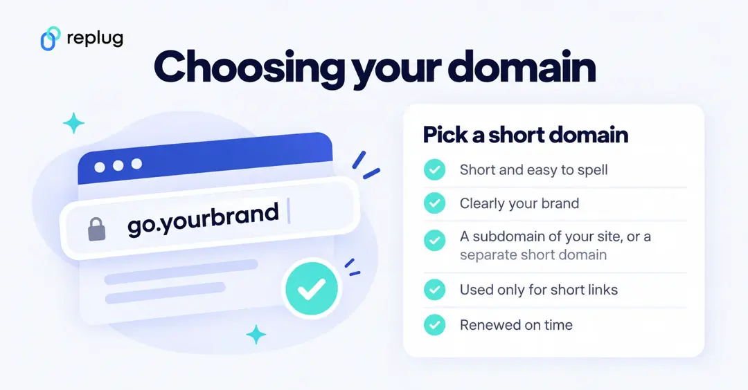 How to pick a branded short domain: short and easy to spell, clearly your brand, a subdomain of your site or a separate short domain, used only for short links, renewed on time
