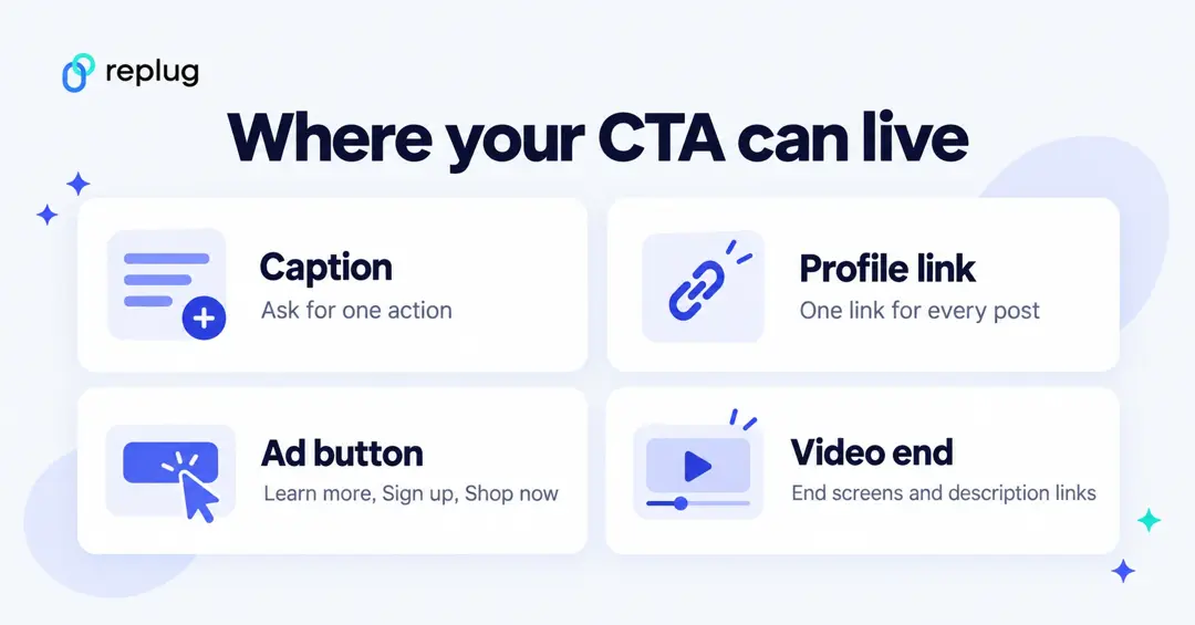 Where your CTA can live: caption, profile link, ad button with Learn more, Sign up or Shop now, and video end screens and description links