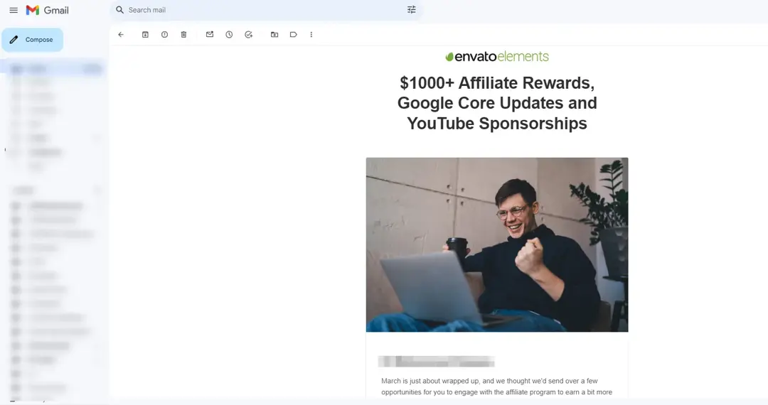 Envato Elements email newsletter about affiliate rewards opened in Gmail (recipient name blurred)