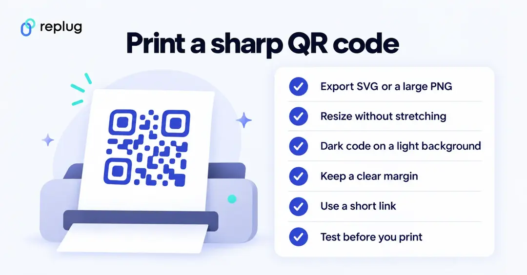 Checklist to print a sharp QR code: export SVG or a large PNG, resize without stretching, dark on light, clear margin, short link, test before printing