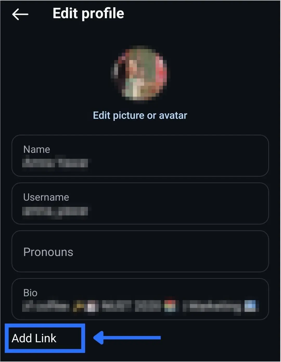 Instagram Edit profile screen with the Add Link option highlighted below the bio (personal details pixelated)