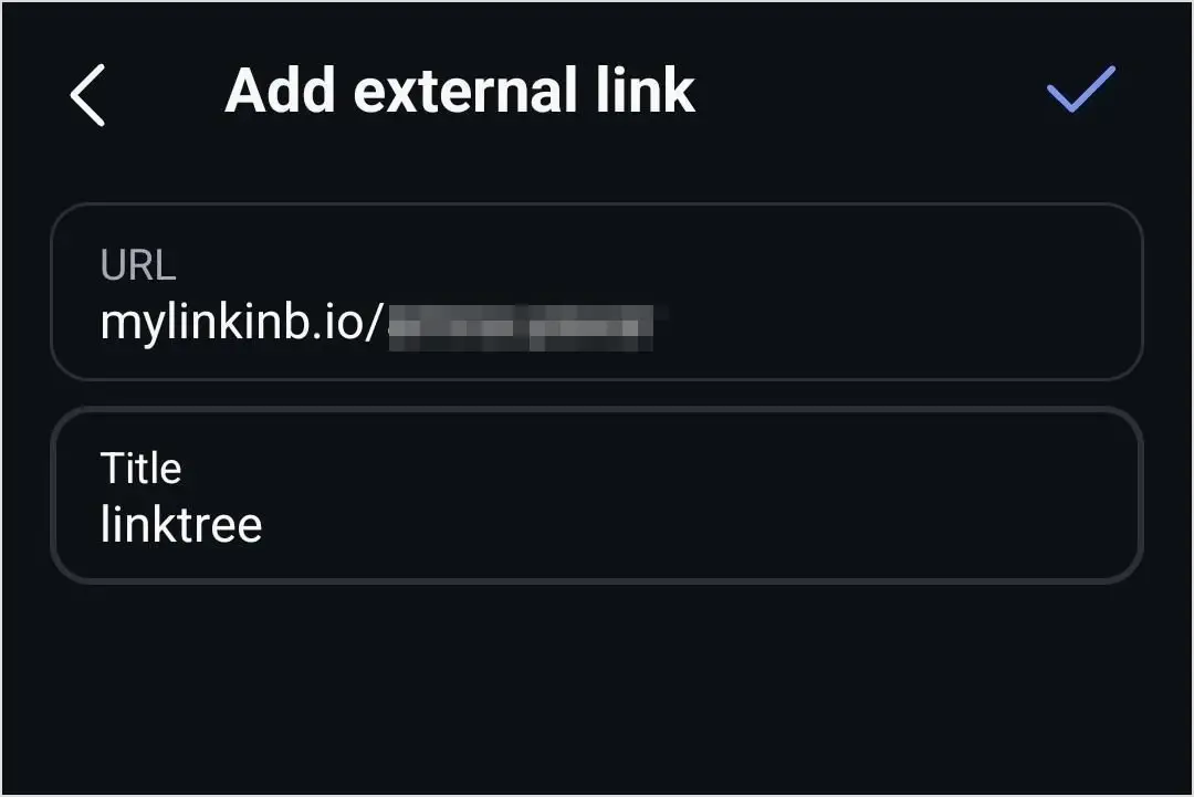 Instagram Add external link screen with a bio page URL and the title linktree (username pixelated)