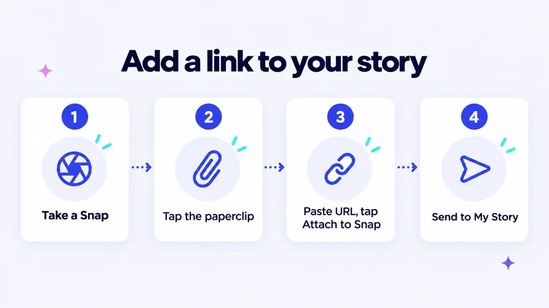 Four steps to add a link to a Snapchat story: take a Snap, tap the paperclip, paste the URL and tap Attach to Snap, send to My Story