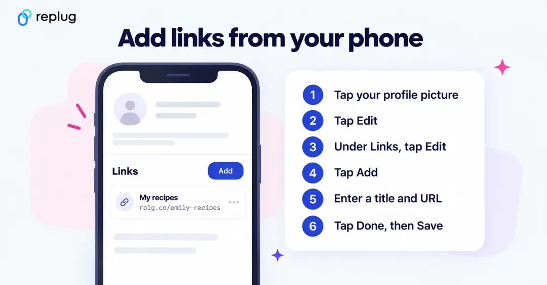 How to add links to your YouTube bio on your phone in the YouTube Studio app: tap your profile picture, Edit, Edit under Links, Add, enter a title and URL, then Done and Save