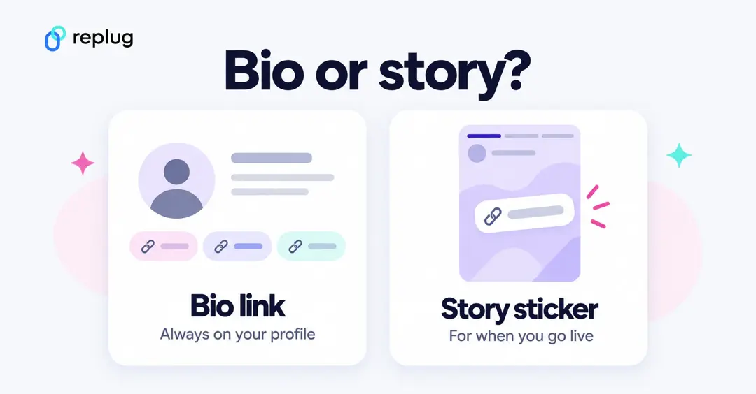 Twitch link on Instagram, bio or story: a bio link is always on your profile, a story link sticker is for when you go live