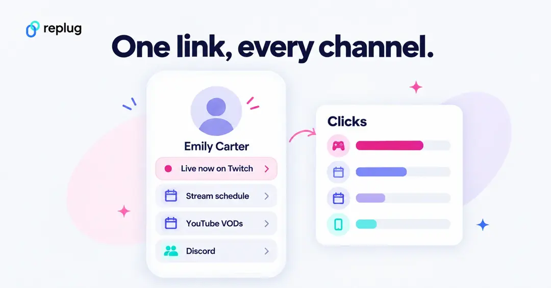 One link, every channel: a bio link page for Emily Carter with Live now on Twitch, Stream schedule, YouTube VODs and Discord buttons and clicks per button