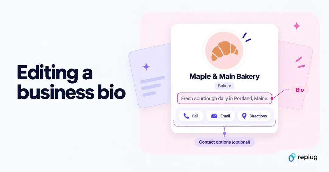 Editing an Instagram business bio: an illustrated bakery profile with the bio highlighted and optional Call, Email and Directions contact options