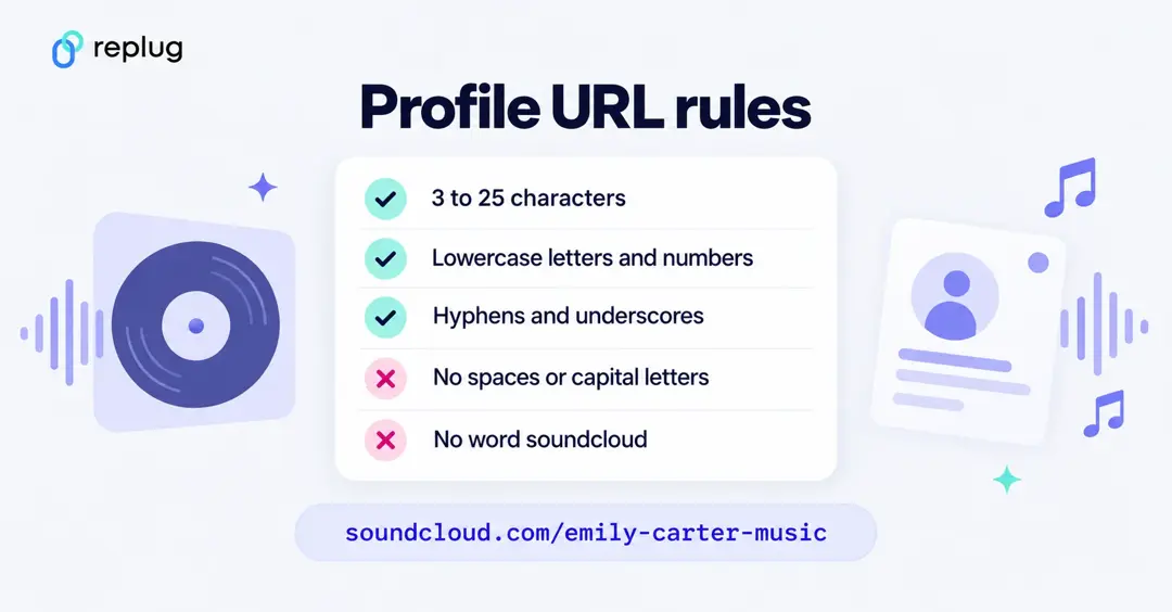 SoundCloud profile URL rules: 3 to 25 characters, lowercase letters, numbers, hyphens and underscores, no spaces or capitals and no word soundcloud