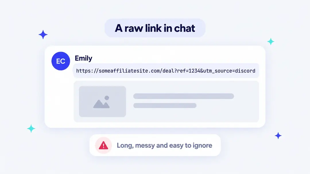 A long raw affiliate link with a large preview in a Discord chat message