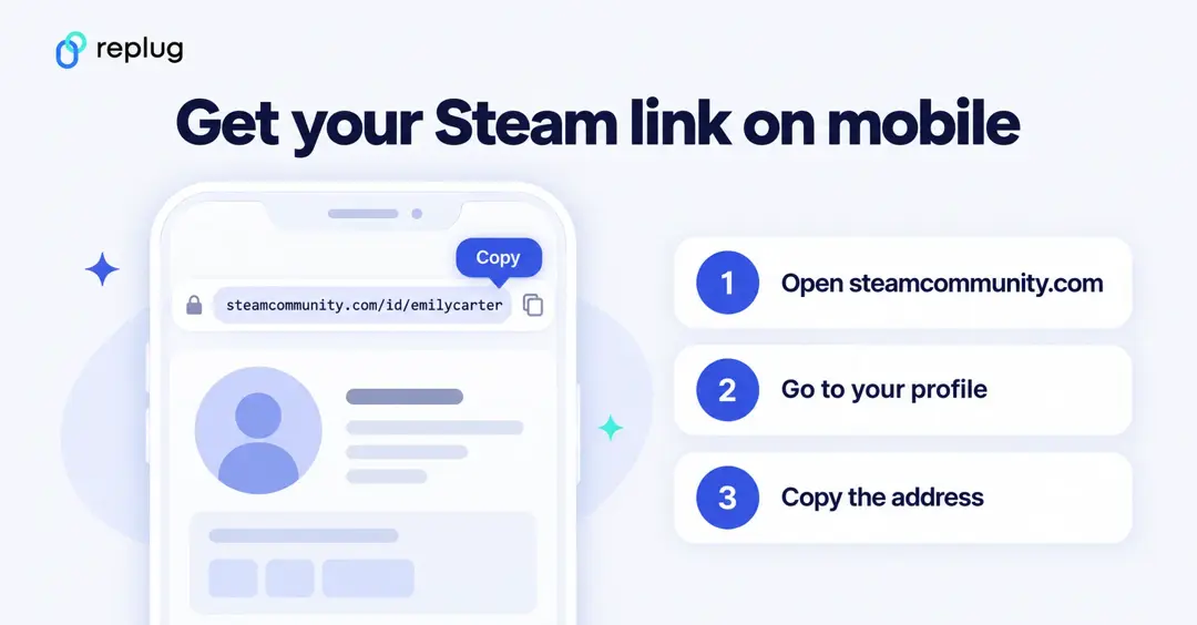 How to get your Steam profile link on mobile: open steamcommunity.com, go to your profile, copy the address