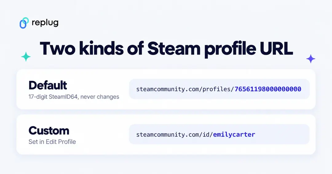 Two kinds of Steam profile URL: default steamcommunity.com/profiles/ plus your 17-digit SteamID64, or custom steamcommunity.com/id/ plus the name you set in Edit Profile