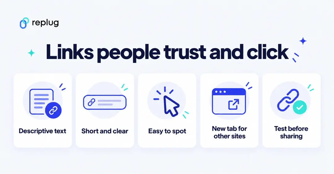 Best practices for clickable links: descriptive text, short and clear, easy to spot, new tab for other sites, test before sharing