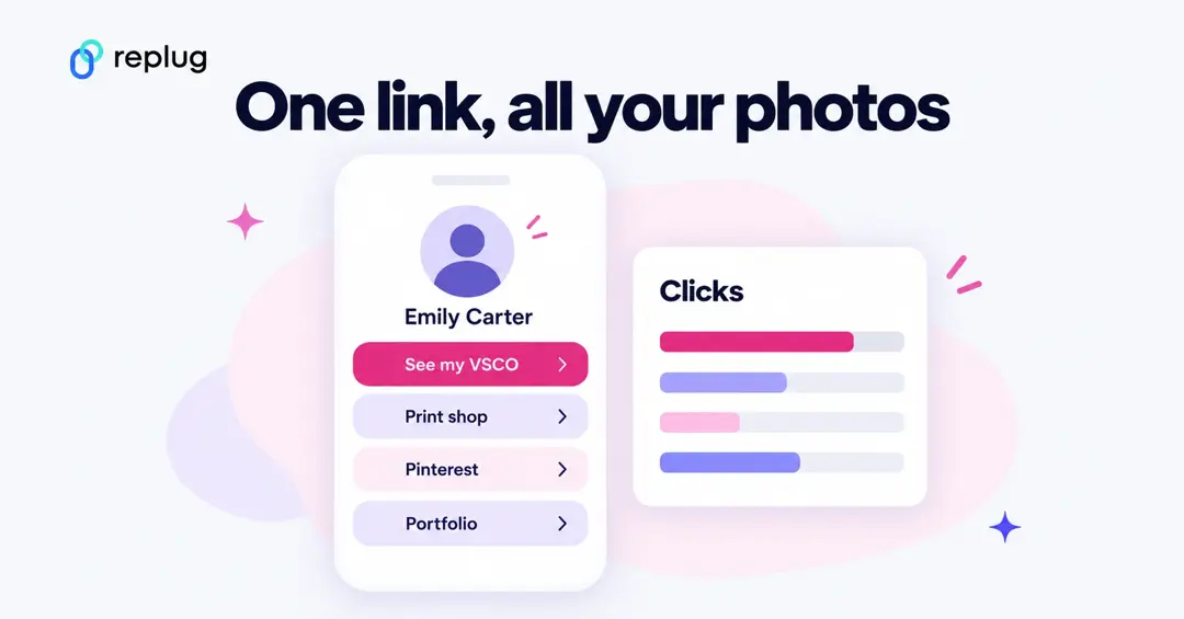 One link, all your photos: a bio link page for Emily Carter with See my VSCO, Print shop, Pinterest and Portfolio buttons and clicks per button