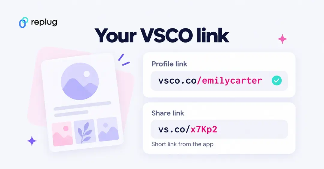 Your VSCO link: the profile link vsco.co/emilycarter and the short share link vs.co/x7Kp2 created by the VSCO app
