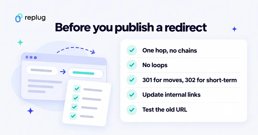 Checklist before publishing a WordPress redirect: one hop, no loops, 301 for moves and 302 for short-term, update internal links, test the old URL