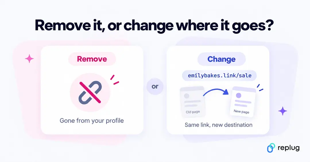 Remove an Instagram bio link or change where it goes: keep the same short link and point it to a new page