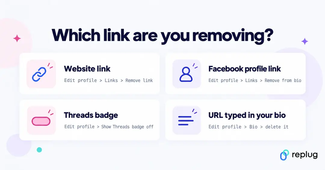 Which Instagram profile link are you removing: website links, a Facebook profile link, the Threads badge or a URL typed in your bio