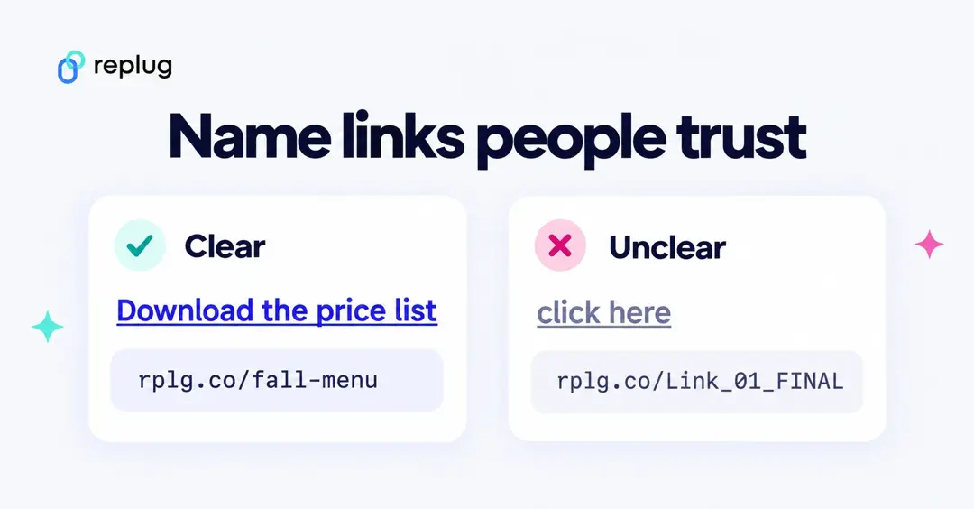 Name links people trust: clear names like Download the price list and rplg.co/fall-menu vs unclear ones like click here and rplg.co/Link_01_FINAL