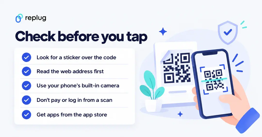 Checklist before you tap a QR code link: look for a sticker over the code, read the web address, use the built-in camera, don't pay or log in from a scan, get apps from the app store